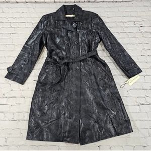 Vintage Excelled Black Snake Print Leather Belted Double Breasted Trench Coat L